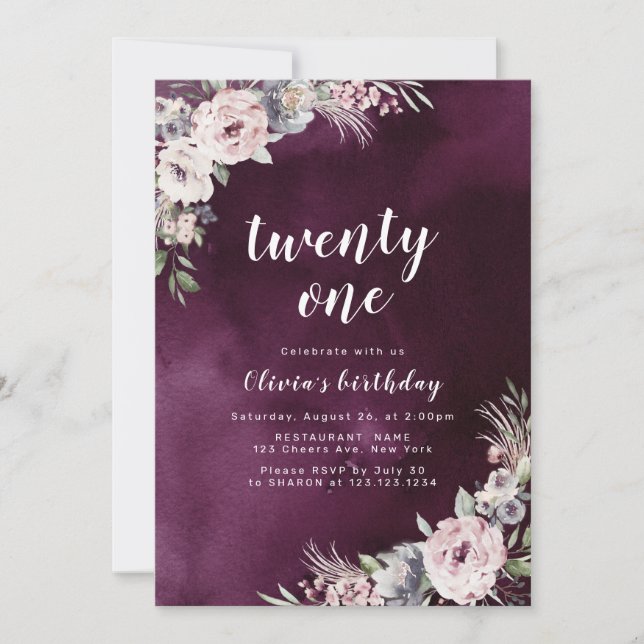 Plum purple & dusty pink boho floral 21st birthday invitation (Front)