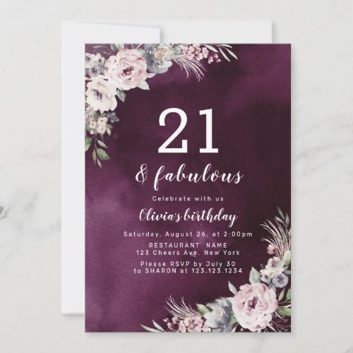 Plum purple  dusty pink boho floral 21st birthday invitation