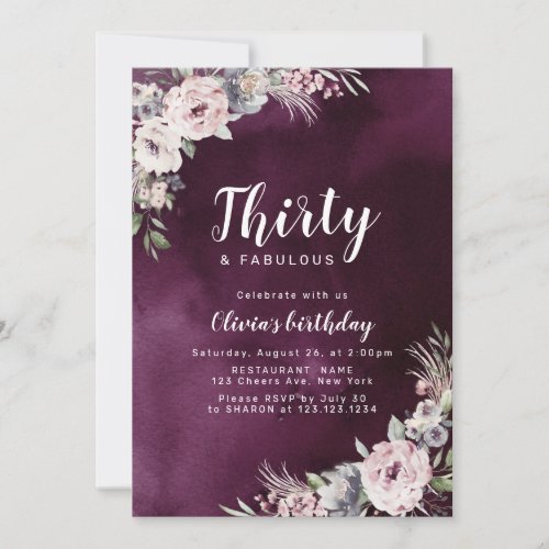 Plum purple  dusty pink boho floral 30th birthday invitation