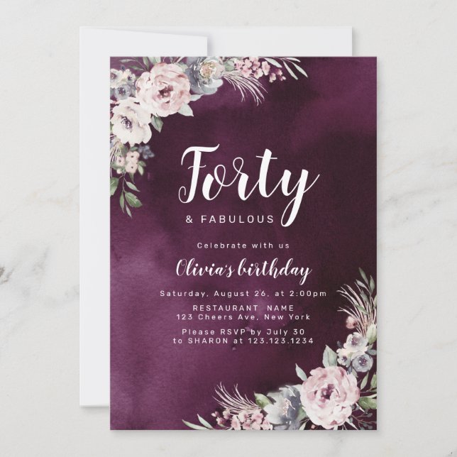 Plum purple & dusty pink boho floral 40th birthday invitation (Front)