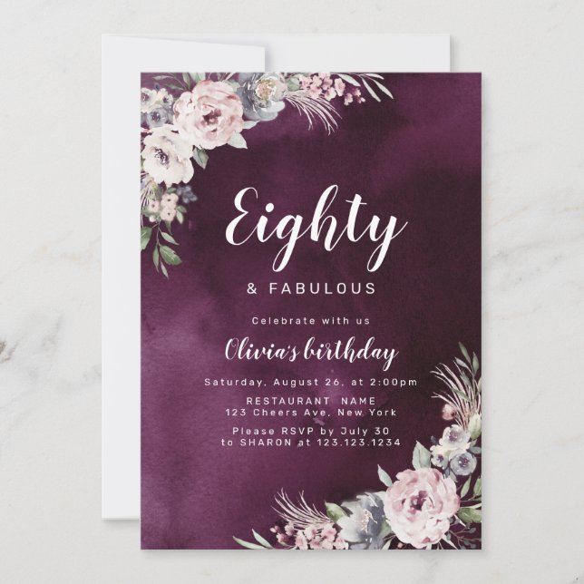 Plum purple & dusty pink boho floral 80th birthday invitation (Front)