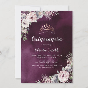 Plum purple & dusty pink boho floral Quinceanera Invitation
