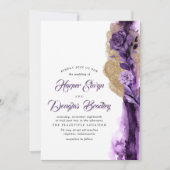 Plum Purple - Eggplant and Gold Floral Wedding Invitation (Front)