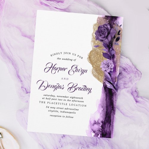 Plum Purple _ Eggplant and Gold Floral Wedding Invitation