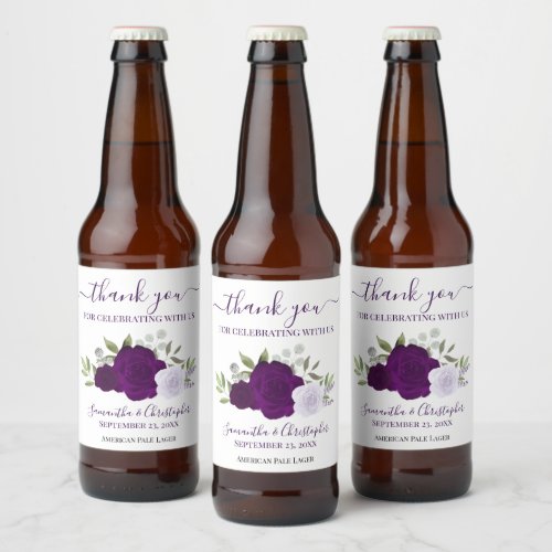 Plum Purple Elegant Boho Roses Wedding Thank You Beer Bottle Label