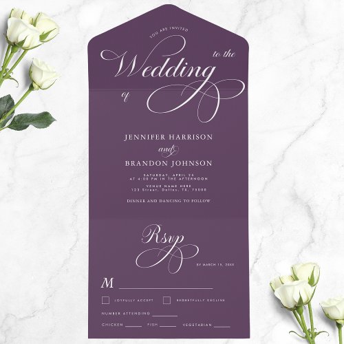 Plum Purple Elegant Calligraphy Classic Wedding All In One Invitation