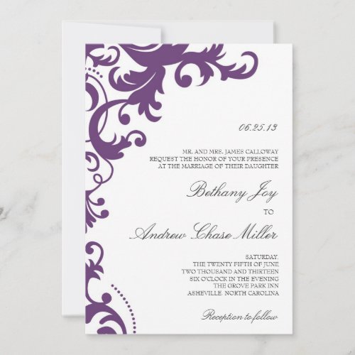 Plum Purple Elegant Damask Wedding Invitation