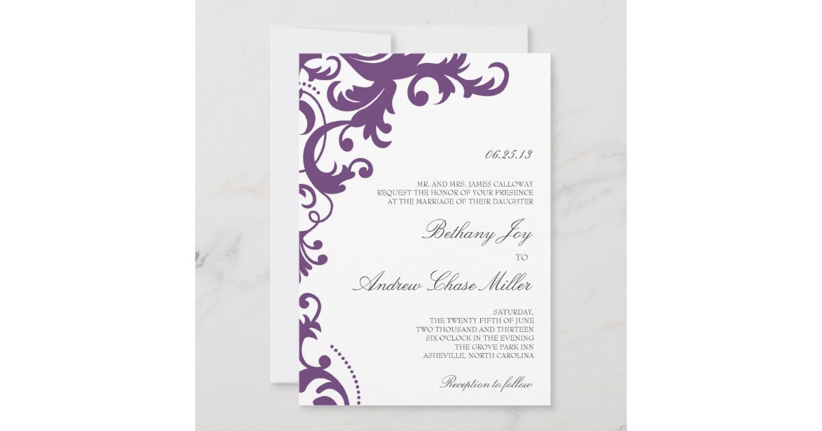 Plum Purple Elegant Damask Wedding Invitation | Zazzle