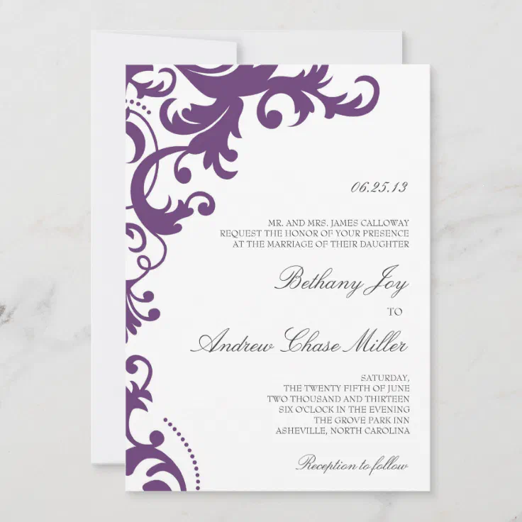 Plum Purple Elegant Damask Wedding Invitation | Zazzle