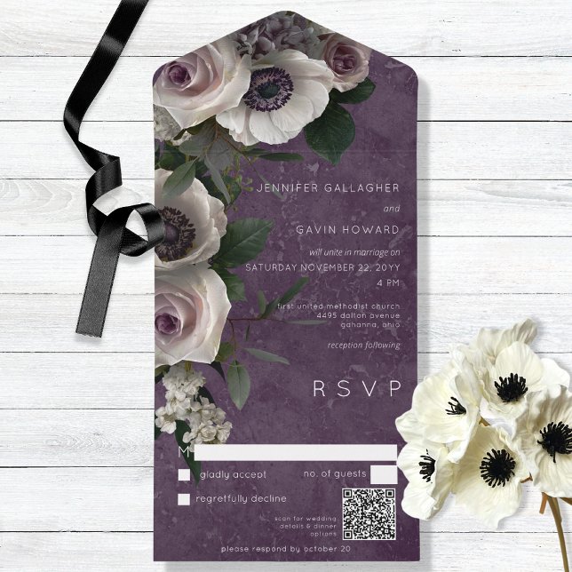 Plum Purple Elegant Floral Modern QR Code All In One Invitation (Creator Uploaded)