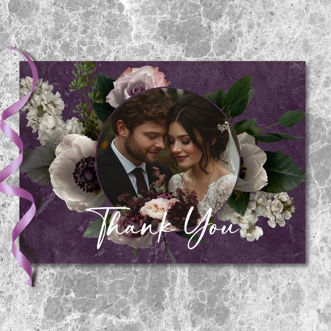 Plum Purple Elegant Floral Modern Wedding Photo Thank You Card (Plum Purple Elegant Floral Modern Wedding Photo Thank You Card)