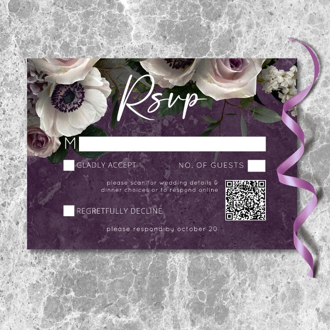 Plum Purple Elegant Floral Modern Wedding QR Code RSVP Card (Plum Purple Elegant Floral Modern Wedding QR Code RSVP Card)
