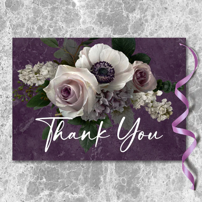 Plum Purple Elegant Floral Modern Wedding Thank You Card | Zazzle