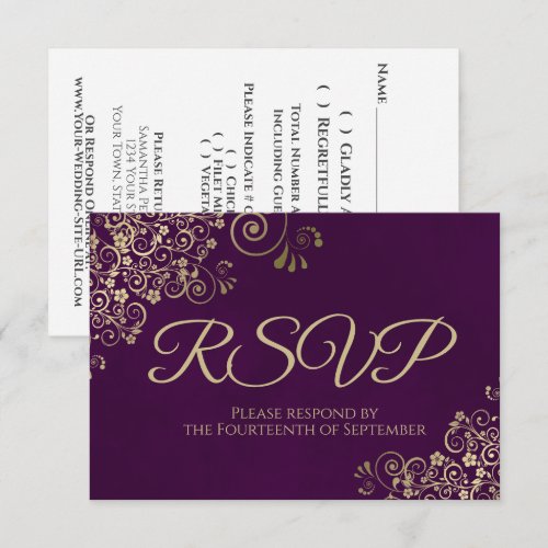 Plum Purple & Elegant Gold Lace Frilly Wedding RSVP Card