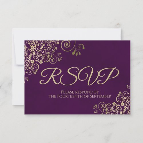 Plum Purple  Elegant Gold Lace Frilly Wedding RSVP Card