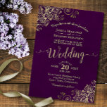 Plum Purple Elegant Lacy Gold Calligraphy Wedding Invitation<br><div class="desc">This beautiful wedding invitation features lacy gold script calligraphy and faux foil curls and swirls on a deep marbled plum purple background. Fancy,  elegant,  stylish and classy,  the lush and glamorous feel of this invite is sure to impress your wedding guests.</div>