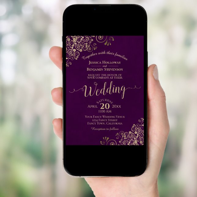 Plum Purple Elegant Lacy Gold Calligraphy Wedding Invitation (Front Digital)