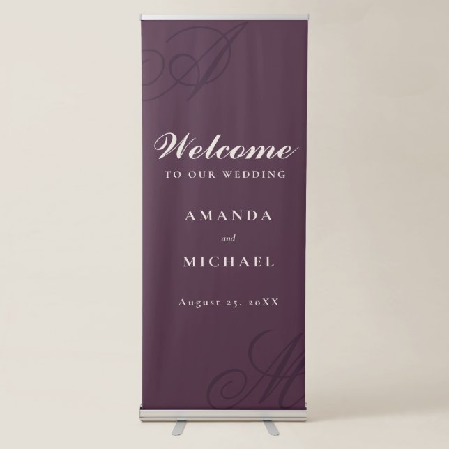 Plum Purple Elegant Monogram Wedding Retractable Banner (Front)