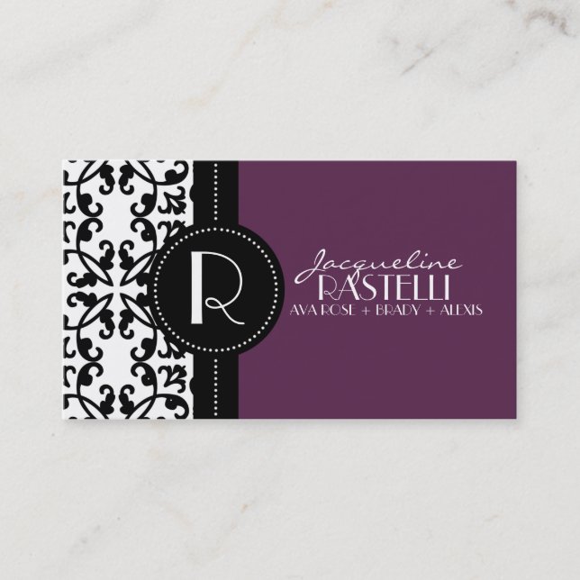 Plum Purple Estate Damask Mommy Calling Card / (Front)