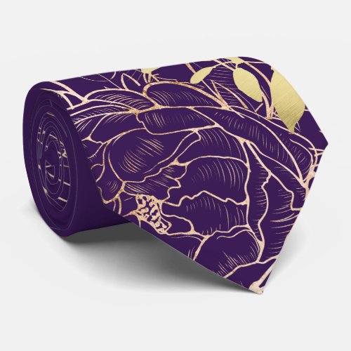 Plum Purple Faux Gold Peony Modern Floral Wedding Neck Tie