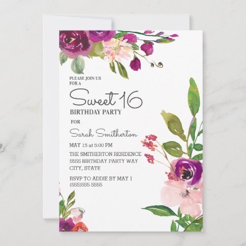 Plum Purple Floral Blush Pink Watercolor Sweet 16 Invitation