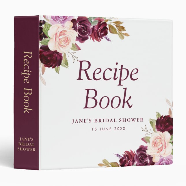plum purple floral bridal shower recipe book 3 ring binder (Front/Spine)