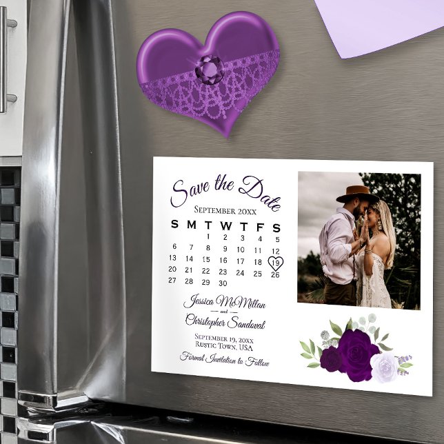 Plum Purple Floral Calendar & Photo Save the Date Magnetic Invitation (Creator Uploaded)