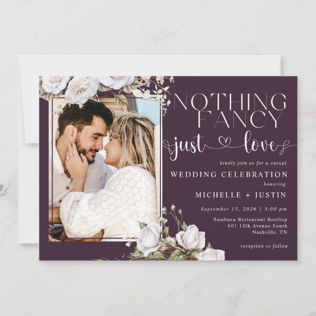 Plum Purple Floral  Casual Wedding Just Love Invitation (Front)