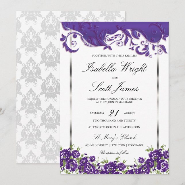 Plum Purple Floral Design Wedding Invitation (Front/Back)