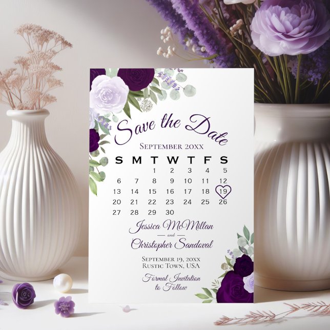 Plum Purple Floral Elegant Boho Wedding Calendar Save The Date (Creator Uploaded)