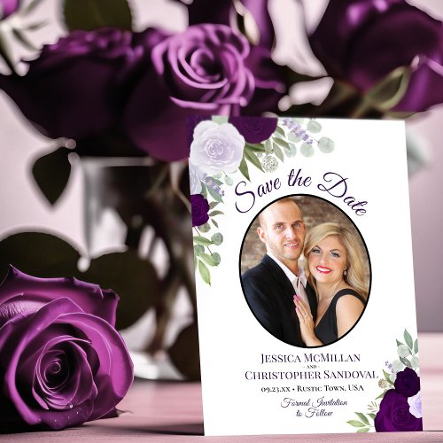 Plum Purple Floral Elegant Boho Wedding Photo Save The Date