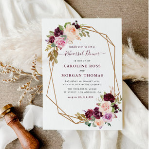 Plum purple floral geometric rehearsal dinner invitation