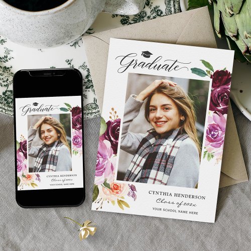 2020 Graduate Plum Purple Floral Girl Graduation Announcement