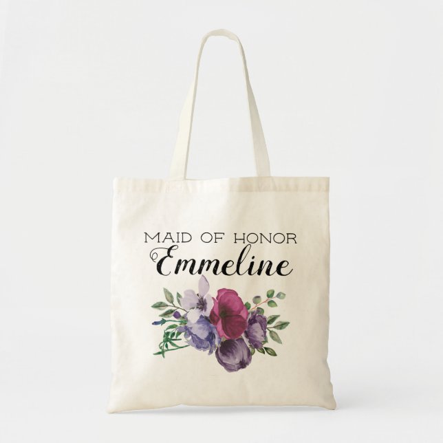 Plum Purple Floral Greenery Maid of Honor Tote Bag (Front)