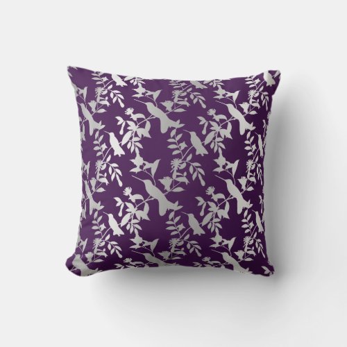 Plum Purple Floral Humming_birds Gray Silver Throw Pillow