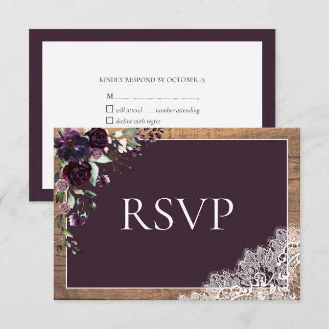 Plum Purple Floral Lace Wood Wedding RSVP (Front/Back)