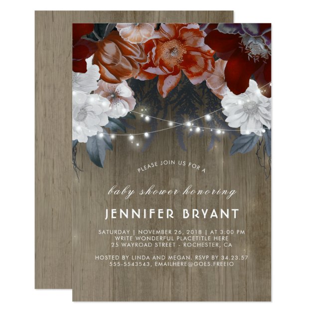 Plum Purple Floral Lights Rustic Baby Shower Invitation