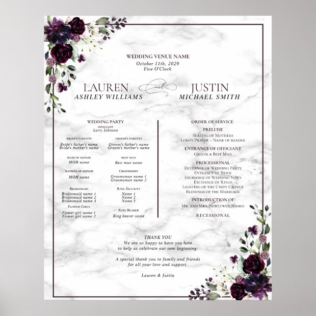 Plum Purple Floral Marble Wedding Program Poster (Front)