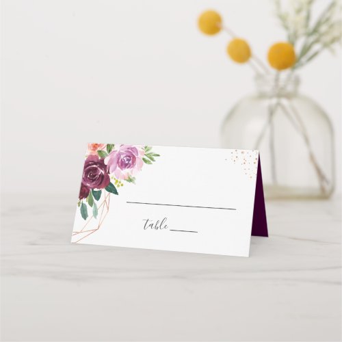 Plum Purple Floral Modern Rose Gold Wedding Place Card