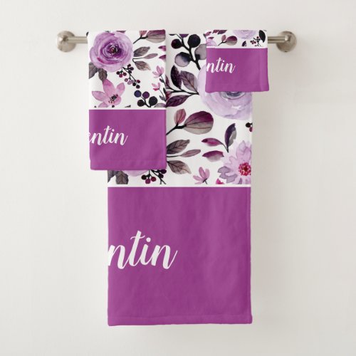 Plum Purple Floral Pattern Script Name Bath Towel Set