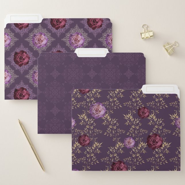 PLUM & PURPLE FLORAL PATTERNS WITH GOLD FILE FOLDER (Set)