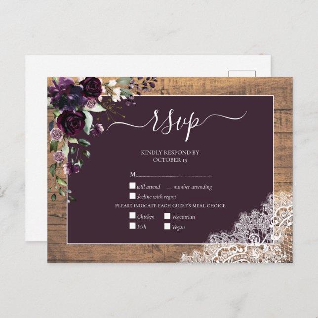 Plum Purple Floral Script Lace Wood Wedding RSVP Invitation Postcard (Front/Back)
