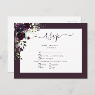 Plum Purple Floral Script Wedding RSVP Invitation Postcard