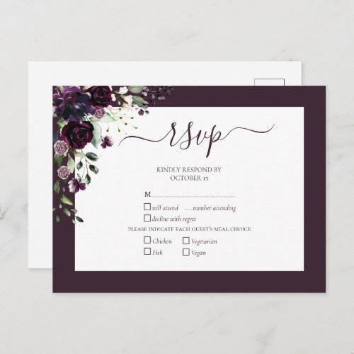 Plum Purple Floral Script Wedding RSVP Invitation Postcard
