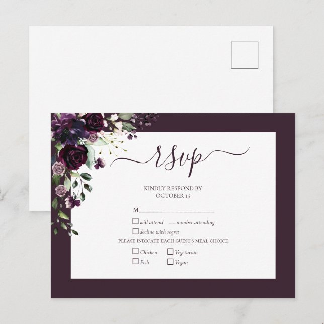 Plum Purple Floral Script Wedding RSVP Invitation Postcard (Front/Back)