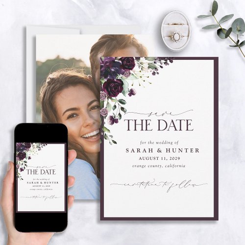 Plum Purple Floral Script Wedding Save The Date