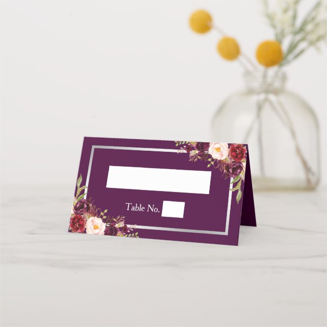 Plum Purple Floral Silver Gray Frame Wedding Place Card (Front)