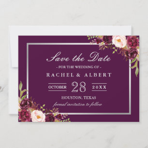 Plum Purple Floral Silver Gray Save the Date