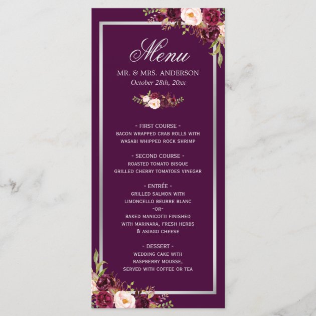Plum Purple Floral Silver Gray Wedding Menu Card