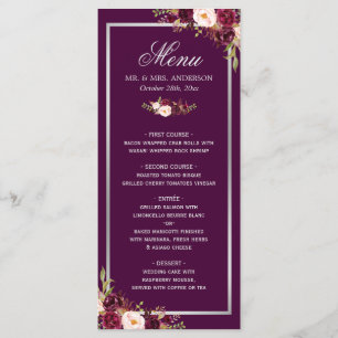 Plum Purple Floral Silver Gray Wedding Menu Card